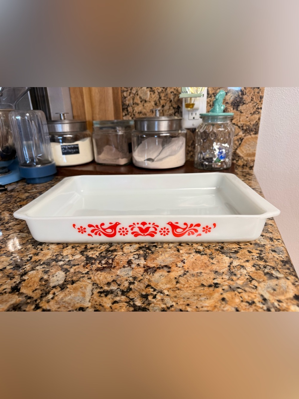 Pyrex White Casserole/Lasagna Dish with Friendship Pattern Red Folk Bird Pattern